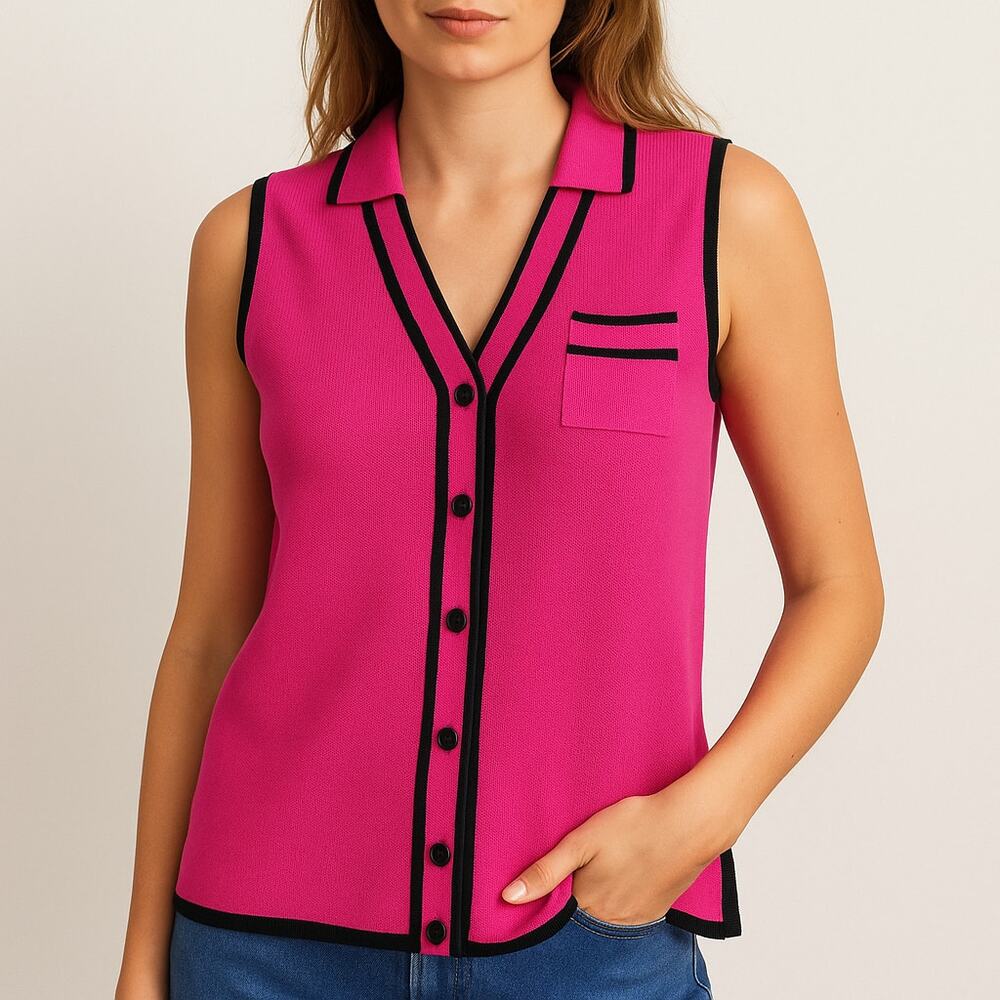 Evie Pink Silk Blend Sleeveless Button Top Size L Contrast Trim Knit Blouse